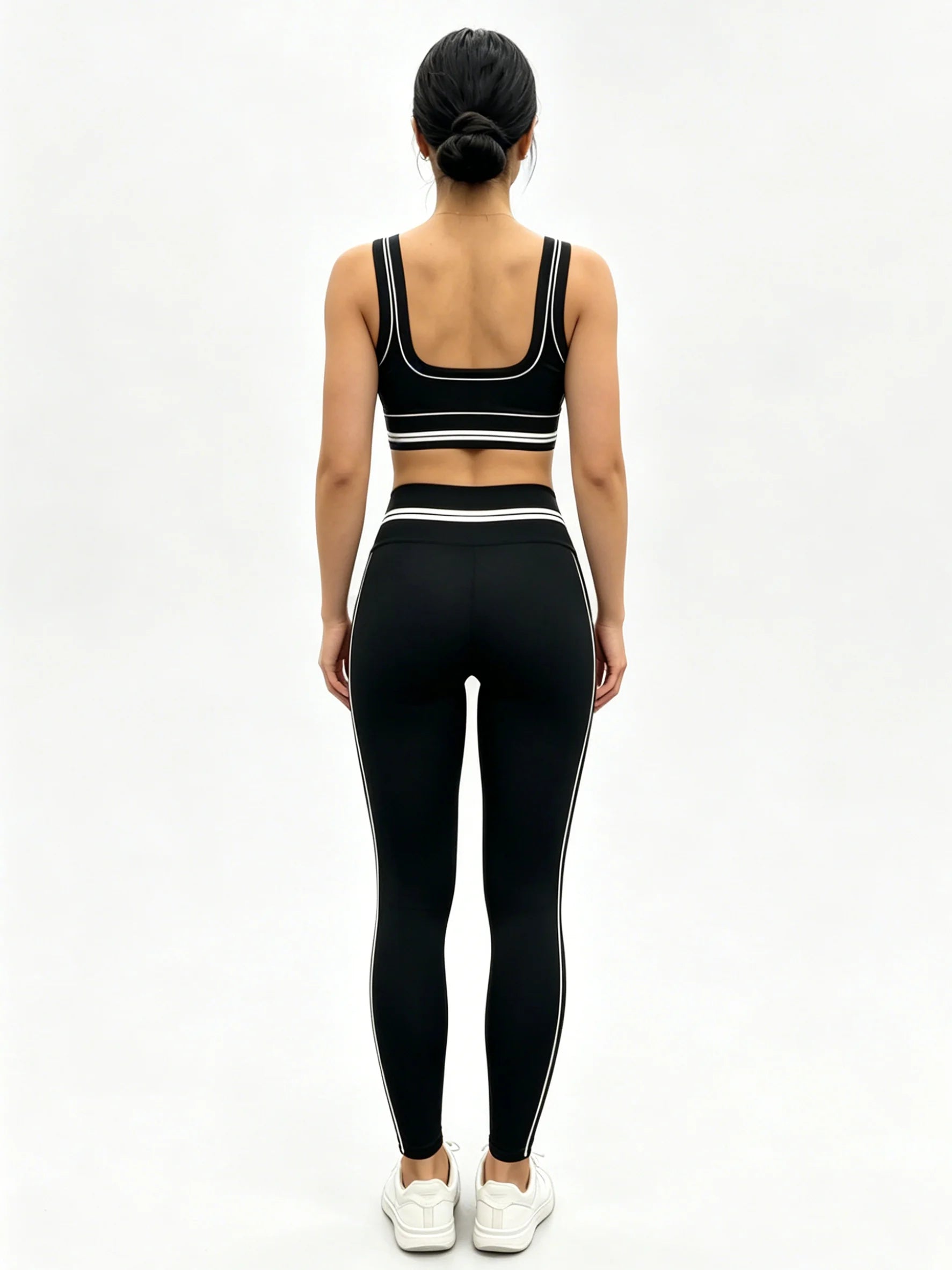 Women's 2Pcs Gym Set Black White Trim Sports Bra + High Waist Leggings Fitness Workout Yoga Tracksuit